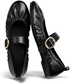 Coutgo Womens Ballet Flats Ruched Round Toe Mary Jane Flats Comfortable Slip On Dressy Shoes by Coutgo