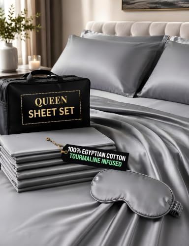 Luxury Tourmaline Infused 100% Egyptian Cotton Queen Size Sheet Set, 1000 Thread Count Sateen, Deep Pocket – Fitted & Flat Sheet, 2 Pillowcases + Sleep Mask, Gift Storage Case, Grey by ECOHEAL