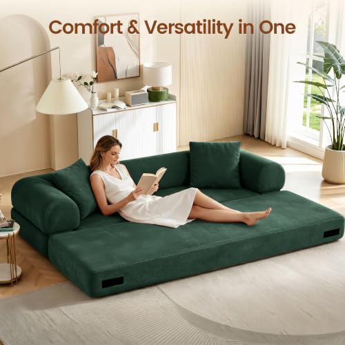 3-in-1 Queen Convertible Sofa Bed Boneless Sleeper Couch Dark Green - Image 4