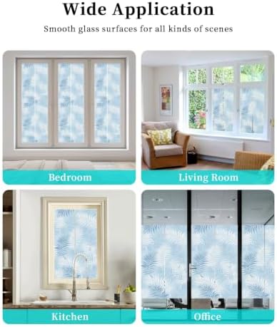 Window Privacy Film Frosted, Light Blue Botanical Reusable Static Cling Window Tints, Summer Palm Leaves Foliage Tropical Heat Control Windows Films for Offices, Balcony, 29.5 x 118 Inches - Image 7