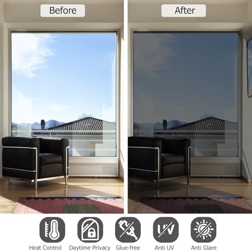 HIDBEA One Way Privacy Window Film, Daytime Mirror Reflective Heat Control UV Sun Blocking Non-Adhesive Static Cling Window Tint for Home and Office(Black-Silver, 23.6 Inch x 6.5 Feet) - Image 4
