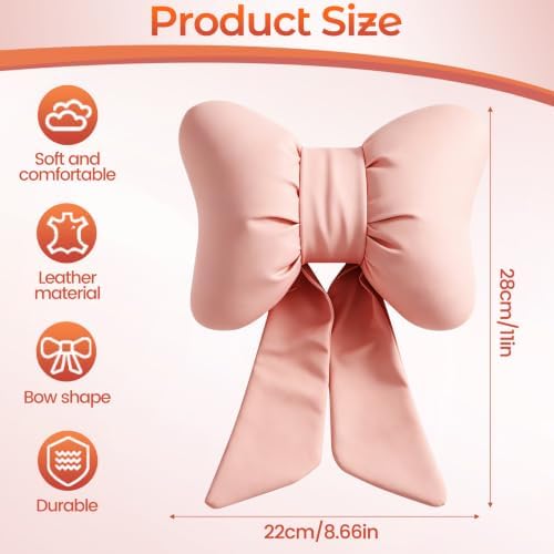 2 Pack Light Pink Bow Leather Car Headrest Pillow - Image 2