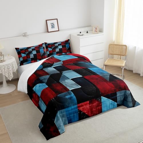 Erosebridal Red Black Blue Comforter Set Twin Size,Geometric Abstract Aesthetic Bedding Set for Kids Adults Room Decor,Retro Grunge Colorful Quilt Bed Set Down Comforter 2Pcs - Image 4