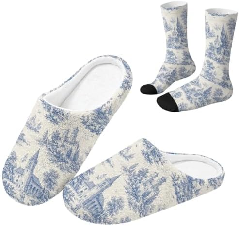 Toile de Jouy Fuzzy Slipper with Socks for Women Cozy Slipper Indoor by Baxinh