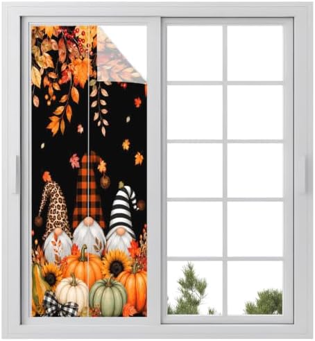 Window Privacy Film Frosted, Thanksgiving Gnomes Static Cling Door Window Covering, Fall Pumpkin Maple Leaves Black UV Blocking Windows Film for Office, Hotel, Bedroom, 29.5 x 78.7 Inches by Unknown