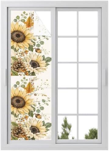 Window Privacy Film Frosted, Pumpkins Sunflower Fall Reusable Static Cling Window Tints, Thanksgiving Botanical Rustic Heat Control Windows Films for Offices, Balcony, 29.5 x 118 Inches by Unknown