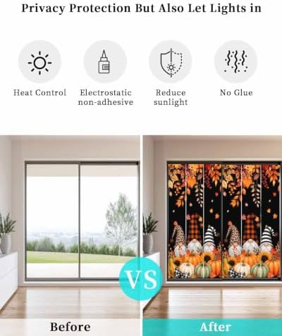 Window Privacy Film Frosted, Thanksgiving Gnomes Static Cling Door Window Covering, Fall Pumpkin Maple Leaves Black UV Blocking Windows Film for Office, Hotel, Bedroom, 29.5 x 78.7 Inches - Image 6