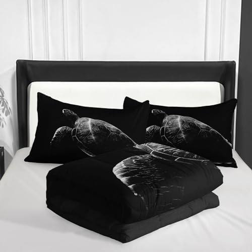 Nttopship Sea Turtle Comforter Set Queen Size, Animal Black Turtle Sea Soft 3 Pcs,Sea Turtle Bedding Set for Kids,Black Night Turtle Themewith 1 Comforter and 2 Pillowcases - Image 3
