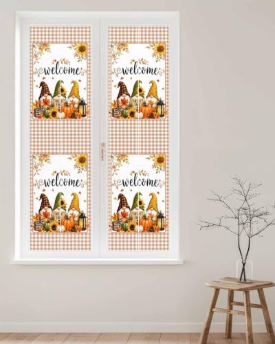 Window Privacy Film Frosted, Thanksgiving Reusable Static Cling Window Tints, Fall Gnomes Pumpkin Maple Flowers Plaid Heat Control Windows Films for Offices, Balcony, 29.5 x 118 Inches - Image 2