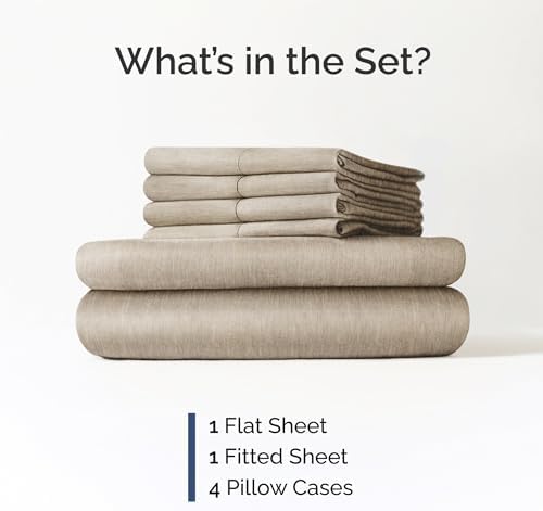 Queen 6 Piece Bed Sheet Set - Breathable & Cooling Sheets - Heathered Beige - Image 2
