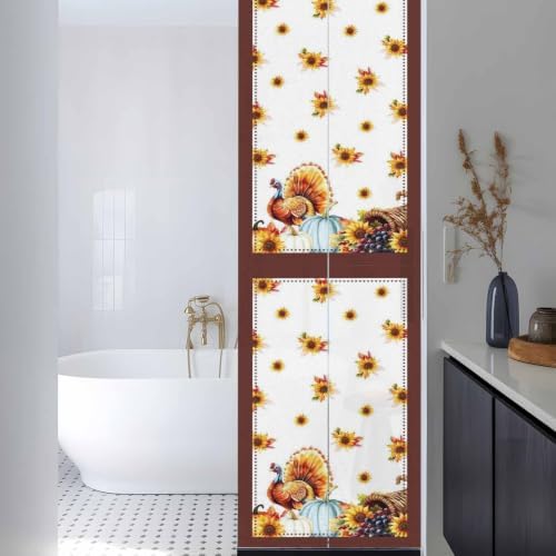 Window Privacy Film Frosted, Thanksgiving Fall Reusable Static Cling Window Tints, Turkey Sunflowers Pumpkin Brown Striped Heat Control Windows Films for Offices, Balcony, 29.5 x 118 Inches - Image 3