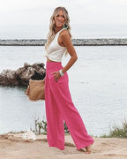 Angerella Womens Elastic High Waisted Palazzo Pants Casual Wide Leg Long Lounge Pant Trousers with Pocket - Image 3