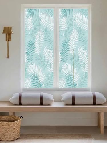 Window Privacy Film Frosted, Teal Blue Botanical Reusable Static Cling Window Tints, Summer Palm Leaves Foliage Tropical Heat Control Windows Films for Offices, Balcony, 29.5 x 118 Inches - Image 5