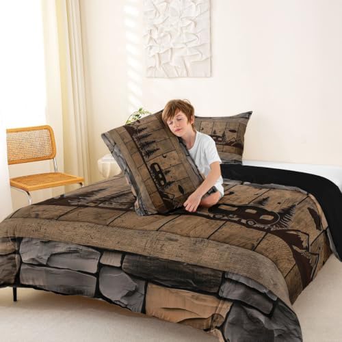 Erosebridal Camo Camper Comforter Set Rv Camping Queen Bedding Sets for Boys Girls Kids Rustic Farmhouse Camouflage Stone Comforter Woodland Adventure Quilt Duvet 3 Pcs - Image 4