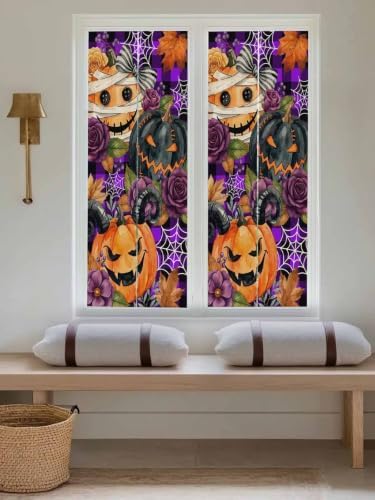 Window Privacy Film Frosted, Pumpkins Halloween Reusable Static Cling Window Tints, Black Horror Purple Check Floral Heat Control Windows Films for Offices, Balcony, 29.5 x 118 Inches - Image 5