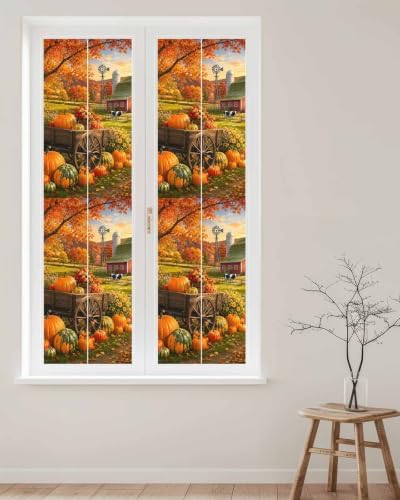 Window Privacy Film Frosted, Fall Pumpkins Reusable Static Cling Window Tints, Thanksgiving Farmhouse Harvest Maple Leaves Heat Control Windows Films for Offices, Balcony, 29.5 x 118 Inches - Image 2