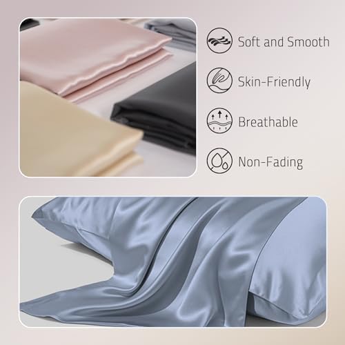 Gabire Mulberry Silk Pillow Cases Set of 2, Both Sides Real Silk Pillow Cover for Hair and Skin Cool Pillowcase Organic Silk Pillowcase 2 Pack with Hidden Zipper, Dusty Blue, Queen (20"×30") - Image 2