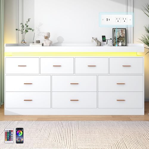 jiteentarou 10 Drawer Dresser with Charging Station and LED Lights, Modern Chest of Drawers with Power Outlet, Organizer Cabinet for, Living Room, Entryway, White - Image 5