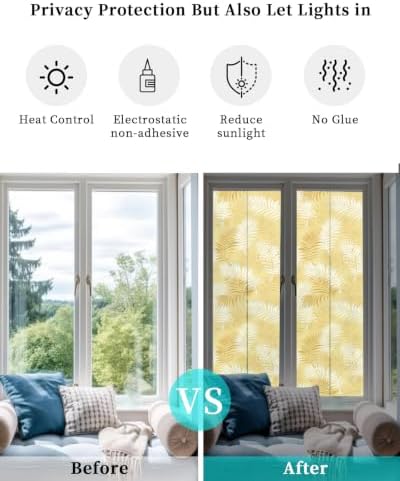 Window Privacy Film Frosted, Yellow Botanical Reusable Static Cling Window Tints, Summer Palm Leaves Foliage Tropical Heat Control Windows Films for Offices, Balcony, 29.5 x 118 Inches - Image 6