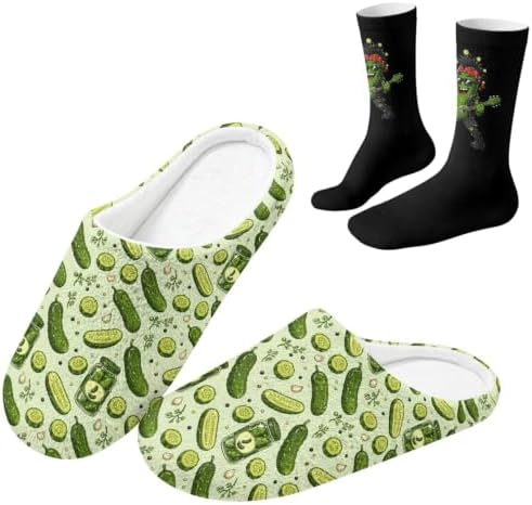 Jeiento Fuzzy Slippers and Crew Sock Set for Women Men Couple Warm Cozy Memory Foam House Shoes Soft Slip-on Slides for Home,Travel by Jeiento