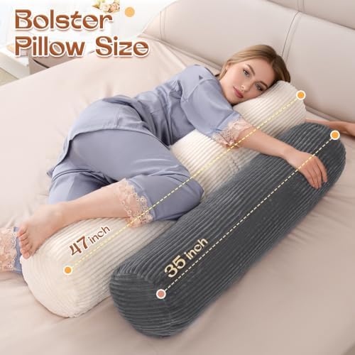 1 MIDDLE ONE Body Pillow for Adults, Long Bolster Pillow for Bed, Decorative Round Roll Hug Pillow with Corduroy Cover (Dark Grey, 47x7.87 inch) - Image 2