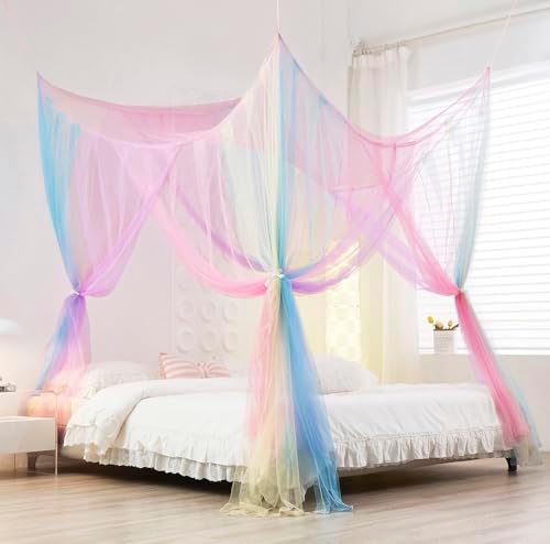 Mengersi Rainbow Bed Canopy with Lights, Square Bed Curtains - Full to King Size, Blue - Image 5