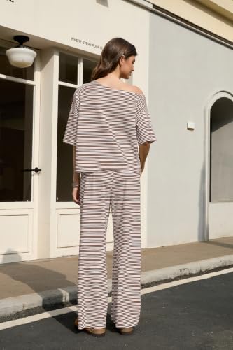 Ythomm Striped Pajama Sets Womens Two Piece Lounge Outfits Short Sleeve Off Shoulder Shirts Drawstring Pants Matching Pj Sets - Image 3