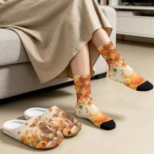 Jeiento Fuzzy Slippers and Crew Sock Set for Women Men Couple Warm Cozy Memory Foam House Shoes Soft Slip-on Slides for Home,Travel - Image 4
