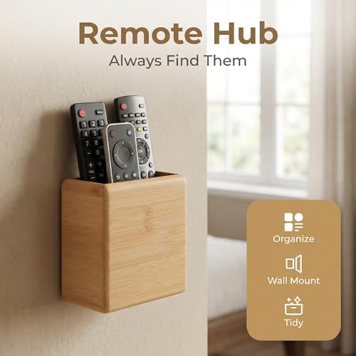 Garneck Bamboo Remote Control Holder Wall Mount - Wood Remote Caddy Organizer for Bedside Couch Office Universal Media Storage Box for Tv Controller Phone Key Pen Home Decor (Pack of 2) - Image 5