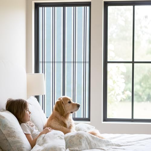 Window Privacy Film Frosted, Light Blue Striped Static Cling Door Window Covering, Minimalist Vertical Stripes UV Blocking Windows Film for Office, Hotel, Bedroom, 29.5 x 78.7 Inches - Image 2