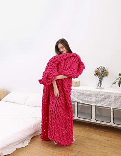 Chunky Knit Throw Blanket Chenille Yarn Soft Cozy Bulky Knitted Blanket for Sofa Bed Chair Large Hand Made Boho Home Decor Fuchsia 40x48 - Image 2