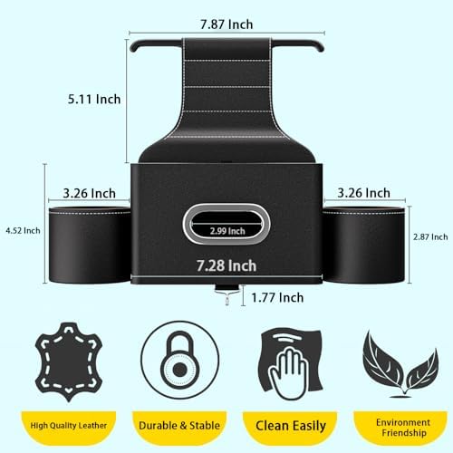 Seat Back Organizer, Full Leather Cover Tissue Case Headrest Storage Box with 2 Cup Holders and Hook Multi-functional Durable Back Seat Storage Tool for Family Travel and Kids Care Brown - Image 2