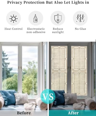 Window Privacy Film Frosted, Pale Brown Botanical Reusable Static Cling Window Tints, Vintage Florals Geometric Minimalist Heat Control Windows Films for Offices, Balcony, 29.5 x 118 Inches - Image 6