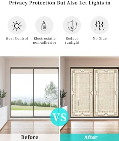 Window Privacy Film Frosted, Pale Brown Botanical Non-Adhesive Static Cling Window Tint, Vintage Florals Geometric Minimalist Insulated Windows Frosted Films for Living Room, 35.4 x 78.7 Inches - Image 6