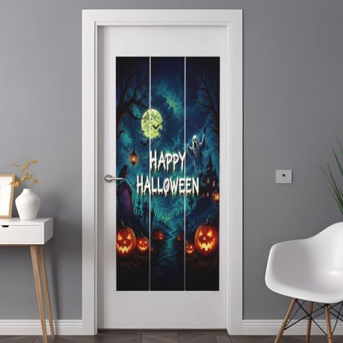 Window Privacy Film Frosted, Halloween Non-Adhesive Static Cling Window Tint, Blue Spooky Pumpkin Ghost Moonlight Castle Insulated Windows Frosted Films for Living Room, 35.4 x 78.7 Inches - Image 3
