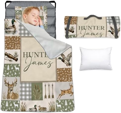 Personalized Toddler Nap Mat for Boys, Custom Name Kids Sleeping Mat for Preschool, Daycare Cot Nap Mat with Corner Straps, Roll-Up Slumber Mat with Soft Blanket & Pillow by YISMEET