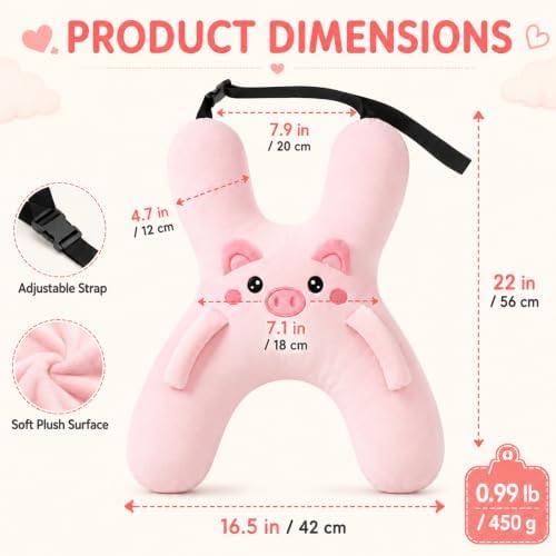Ride Nuzzle Pillow, Plush Animal Car Travel Cushion with Adjustable Headrest Strap for Passenger Seats，Pink - Image 7