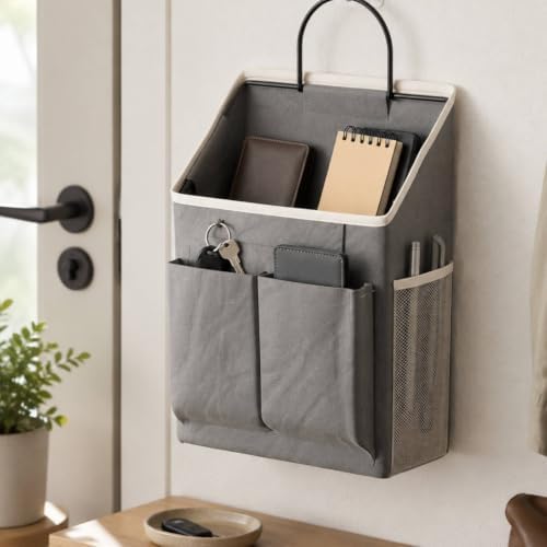 Wall-Mounted Hanging Storage Organizer Lightweight Hanging Storage Organizer with Metal Hook Large Capacity Bedside Pocket for Study Areas, Cream - Image 5