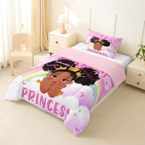 Erosebridal Black Girls Toddler Bedding Set Rainbow Princess Magical Comforter Set for Nursery Kids African American Quilt Black Princess Girl Duvet Insert Pretty Little Girls Inspirational Bed Set - Image 3
