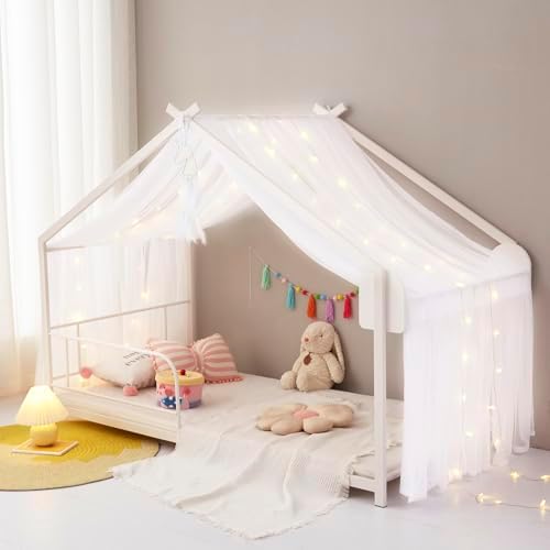 Mengersi Bed Canopy House Canopy Bed Curtains with Lights for Girls Boys,Voile Sheer Window Scarf,Fit for House Metal Floor Twin Full Bed Decorations (White) by Mengersi