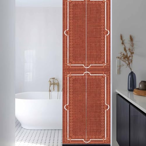 Window Privacy Film Frosted, Brick Red Botanical Reusable Static Cling Window Tints, Vintage Florals Geometric Minimalist Heat Control Windows Films for Offices, Balcony, 29.5 x 118 Inches - Image 3
