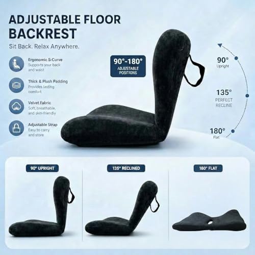 Ergonomic Back Support for Office Chair, Seat Cushion with Backrest, Adjustable Folding Floor Chair for Home, Gaming & Meditation (Black) - Image 4