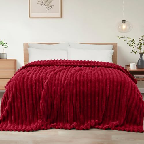 Exclusivo Mezcla Striped Queen Size Fleece Blanket for Bed, Deep Red by ExclusivoMezcla