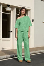 Ythomm Striped Pajama Sets Womens Two Piece Lounge Outfits Short Sleeve Off Shoulder Shirts Drawstring Pants Matching Pj Sets - Image 2