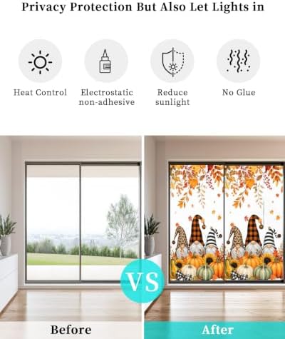 Window Privacy Film Frosted, Thanksgiving Fall Non-Adhesive Static Cling Window Tint, Gnomes Orange Green Pumpkin Leaves Insulated Windows Frosted Films for Living Room, 35.4 x 78.7 Inches - Image 6