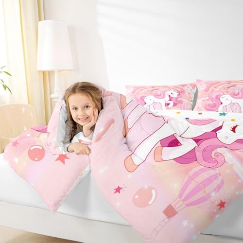 Erosebridal Unicorn Bedding Set for Girls King Kawaii Rainbow Unicorn Comforter Set Unicorn Bedroom Decor for Girls Kids Cartoon Horse Duvet Set Ombre Unicorn Stars Quilt Comforter Pink 3 Pcs - Image 5