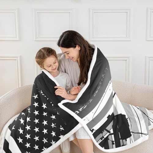 Erosebridal Lineman Blanket Vintage American Flag Blankets Electrician Lineman Silhouette Print Striped Throw Blanket for Bed Sofa Couch Gray Black 50”x60” - Image 2