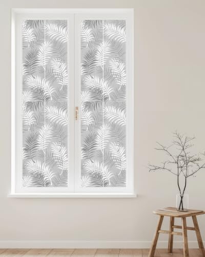 Window Privacy Film Frosted, Grey Botanical Reusable Static Cling Window Tints, Summer Palm Leaves Foliage Tropical Heat Control Windows Films for Offices, Balcony, 29.5 x 118 Inches - Image 2