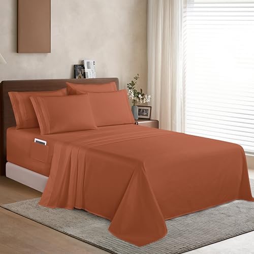 Elegant Comfort 1500 Premium Quality 6-Piece Bed Sheet Set - 18-24 Inch Extra Deep Pocket, Smart Storage Pockets, Wrinkle Free Ultra Soft 6PC Extra Deep Pocket Sheets, California King, Coral by ELEGANTCOMFORT
