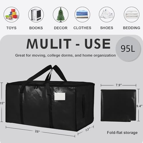 6 Pack-Extra Large Heavy Duty Moving Bags - Waterproof Storage Totes with Handles & Zippers, Foldable for College Dorm, Storage (Black) - Image 2